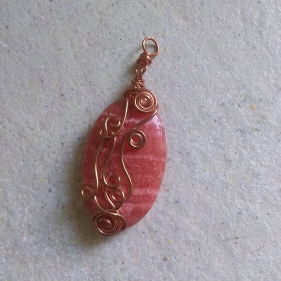Copper Wire Wrapped Rhodochrosite Pendant! Self Love Femininity Watermelon Pink - Picture 1 of 8